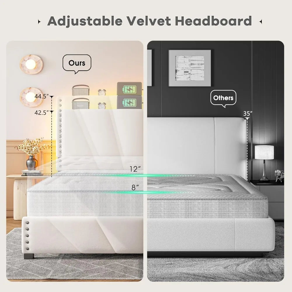 EnHomee King Size Bed Frame with Velvet Headboard and LED Lights, Storage Headboard Platform Bed with Charging Station, Sturdy W