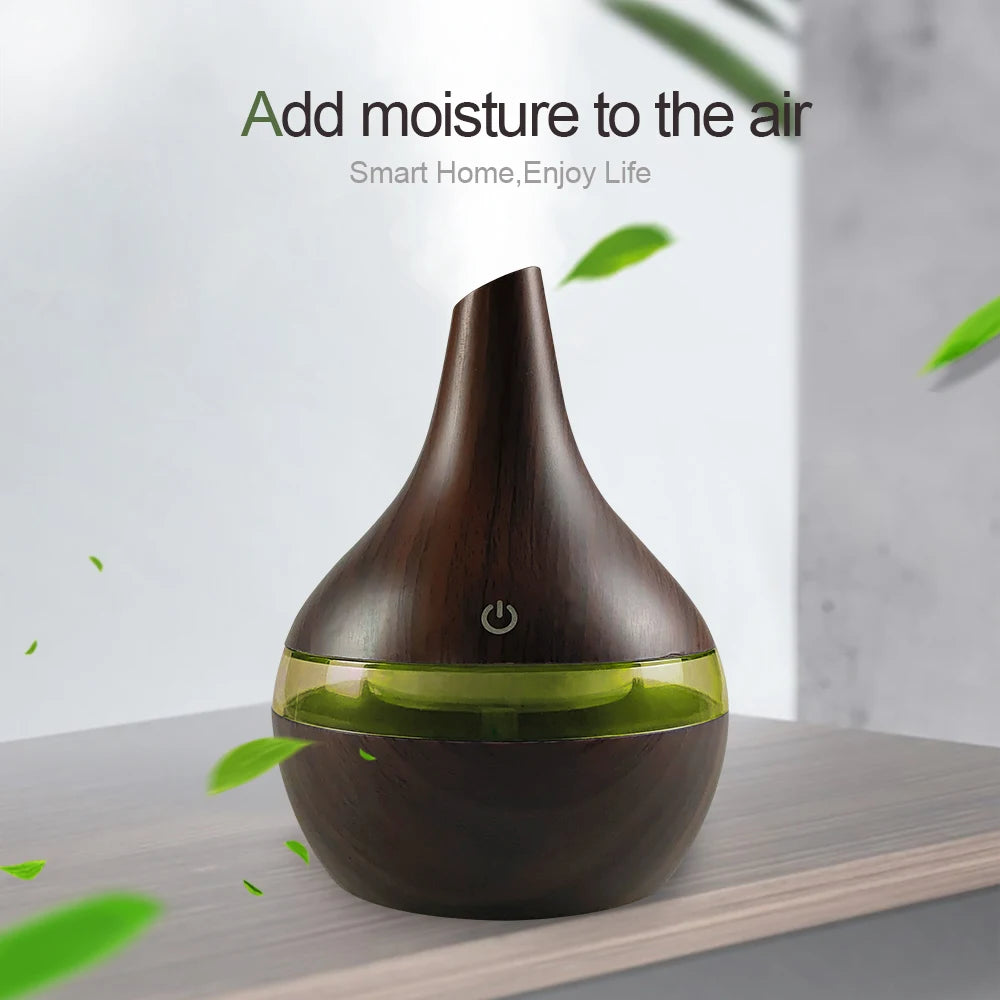 NEW 300ml Wood Grain Humidifier USB Diffuser for Aromatherapy, Includes 2 Soothing Essential Oils