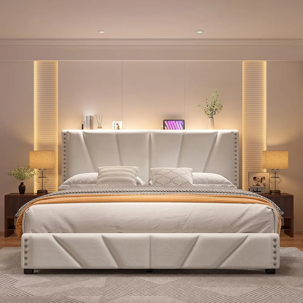EnHomee King Size Bed Frame with Velvet Headboard and LED Lights, Storage Headboard Platform Bed with Charging Station, Sturdy W