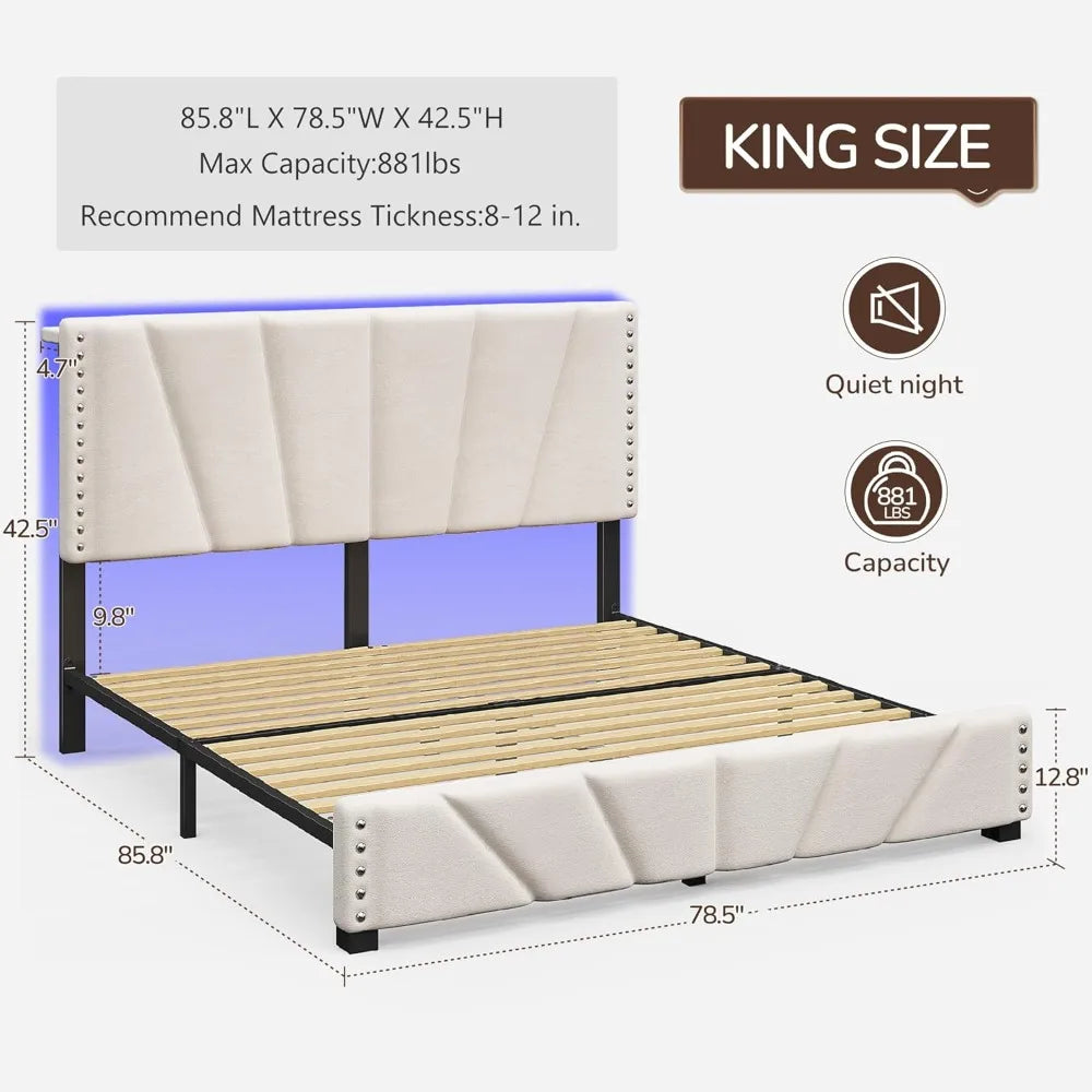 EnHomee King Size Bed Frame with Velvet Headboard and LED Lights, Storage Headboard Platform Bed with Charging Station, Sturdy W