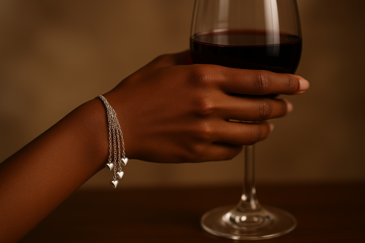 gather the chains closer to the hand together and leave the hearts dangling