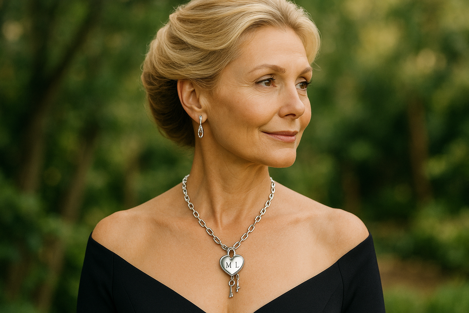 3/4 Beautiful middle aged blond woman wearing a silver necklace with a heart and M-L lock and key dangle from it with matching silver earings. she is in a natural setting and has her hair in an up style