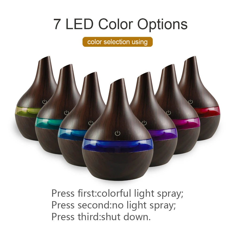 NEW 300ml Wood Grain Humidifier  USB Diffuser for Aromatherapy, Includes 2 Soothing Essential Oils