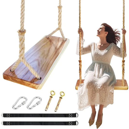 Wooden Swing,Seat 24"x 8"x 1.2,500lbs,Adjustable Hemp Rope & Extension Tree Straps 100 inch,Outdoor Wood Swing,Wood Swings for A