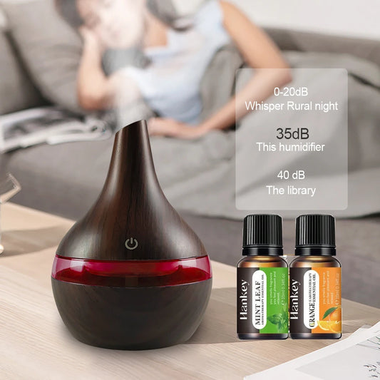 NEW 300ml Wood Grain Humidifier  USB Diffuser for Aromatherapy, Includes 2 Soothing Essential Oils