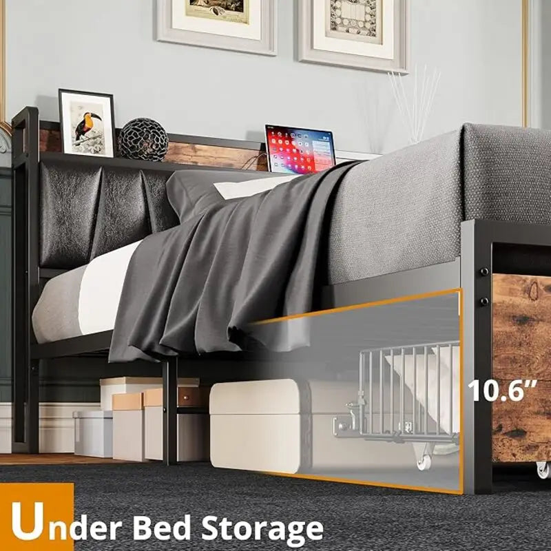 LIKIMIO King/CaliforniaKing Size Bed Frame with Headboard, Charging Station,  2 Storage Drawers,  No Box Spring Needed