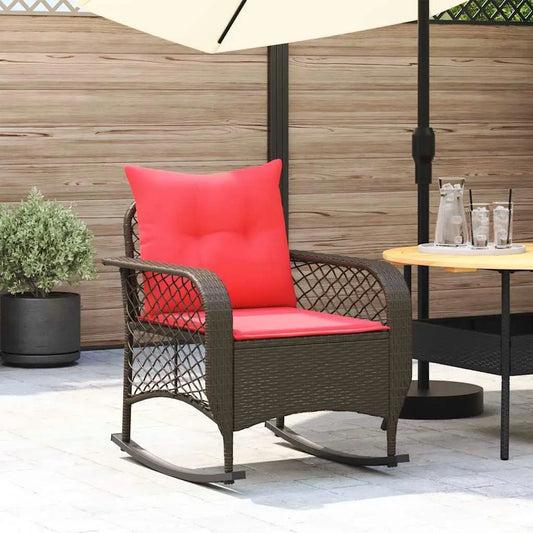 Brown PE Rattan Patio Rocking Chair with Powder Coated Steel Frame and Comfortable Polyester Cushion for Outdoor Relaxation