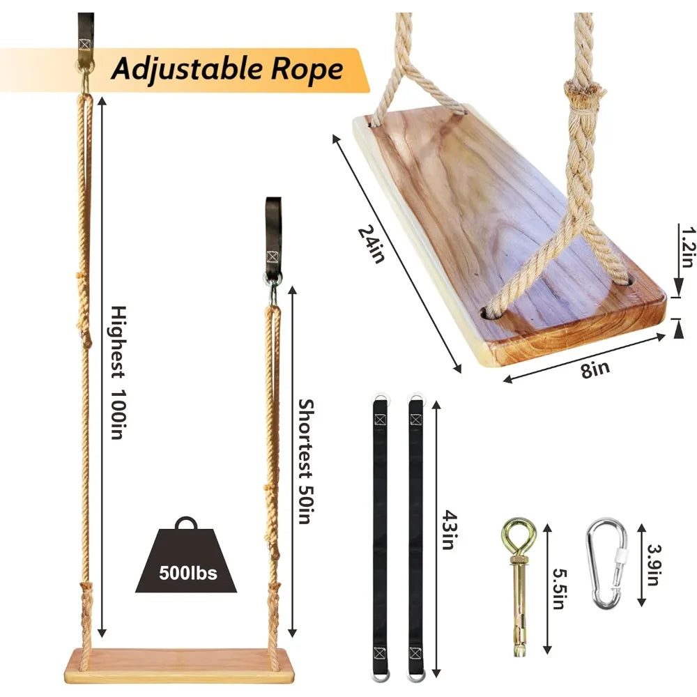 Wooden Swing,Seat 24"x 8"x 1.2,500lbs,Adjustable Hemp Rope & Extension Tree Straps 100 inch,Outdoor Wood Swing,Wood Swings for A