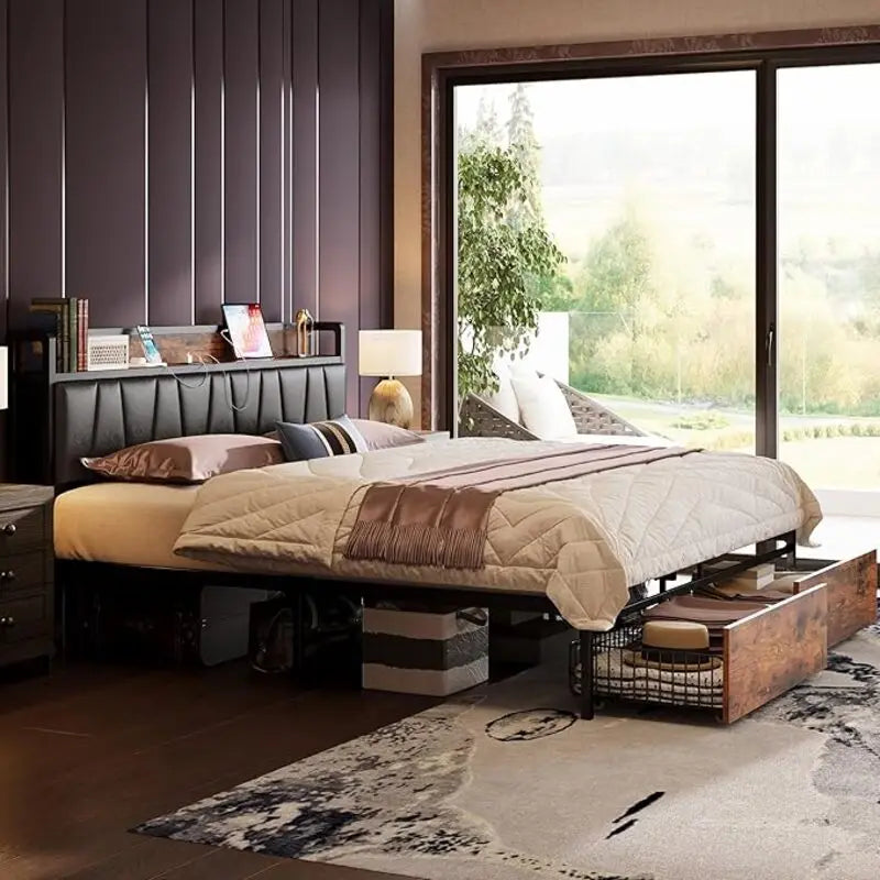 LIKIMIO King/CaliforniaKing Size Bed Frame with Headboard, Charging Station,  2 Storage Drawers,  No Box Spring Needed