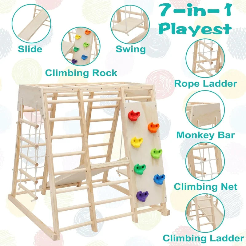7 in 1 Pikler Indoor Playground Jungle Gym Playset, Wooden Montessori Climber with Slide, Rock Climb Wall, Monkey Bars,