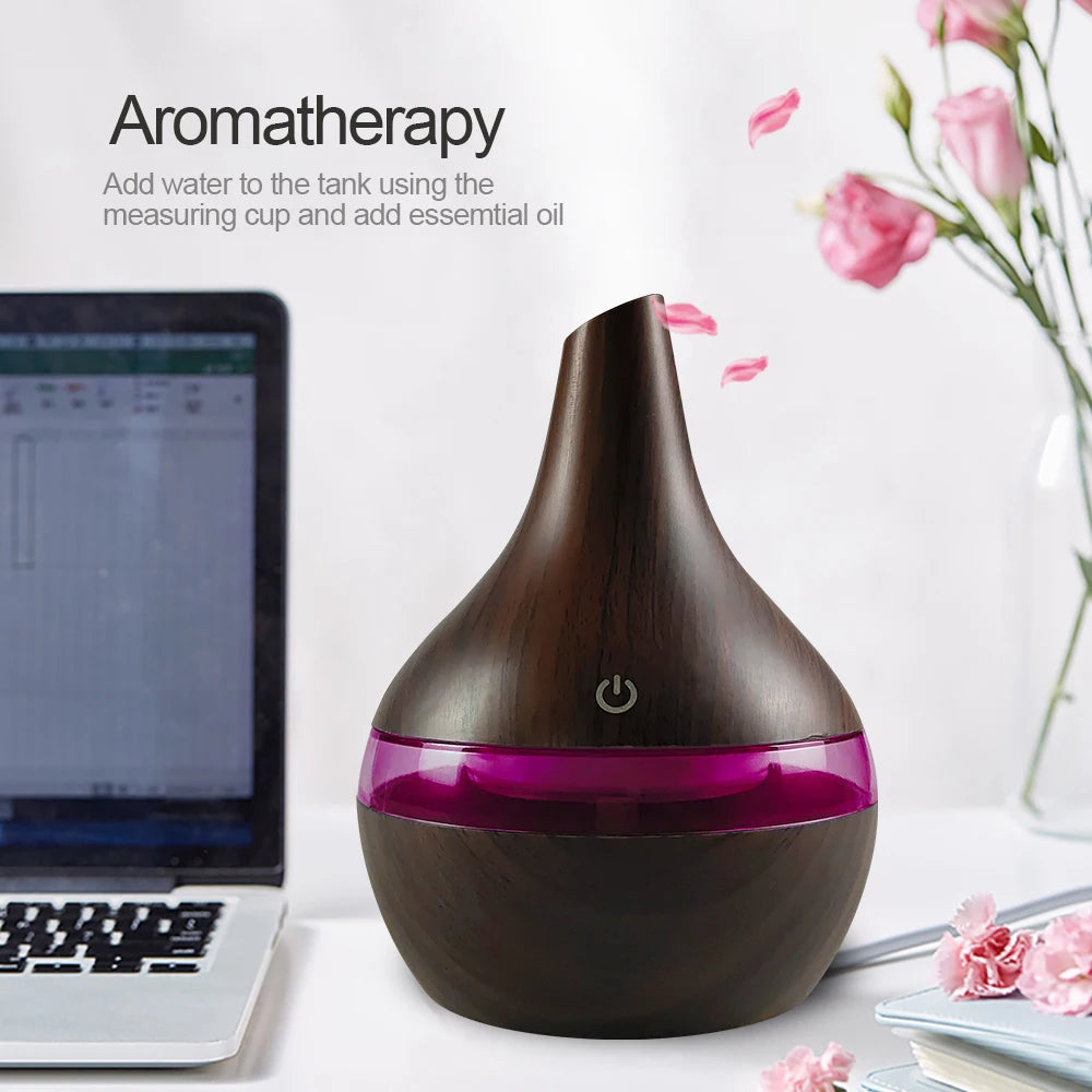 NEW 300ml Wood Grain Humidifier  USB Diffuser for Aromatherapy, Includes 2 Soothing Essential Oils
