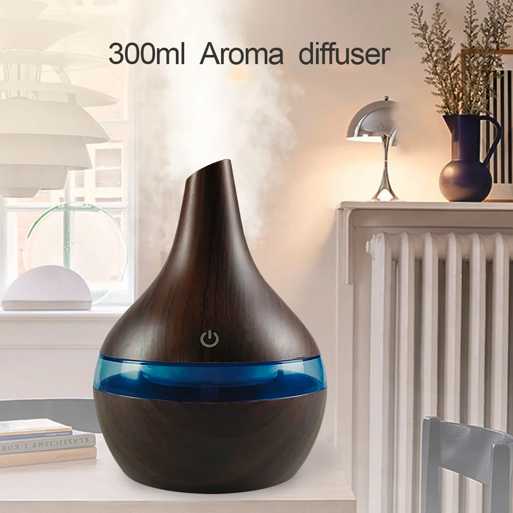 NEW 300ml Wood Grain Humidifier  USB Diffuser for Aromatherapy, Includes 2 Soothing Essential Oils