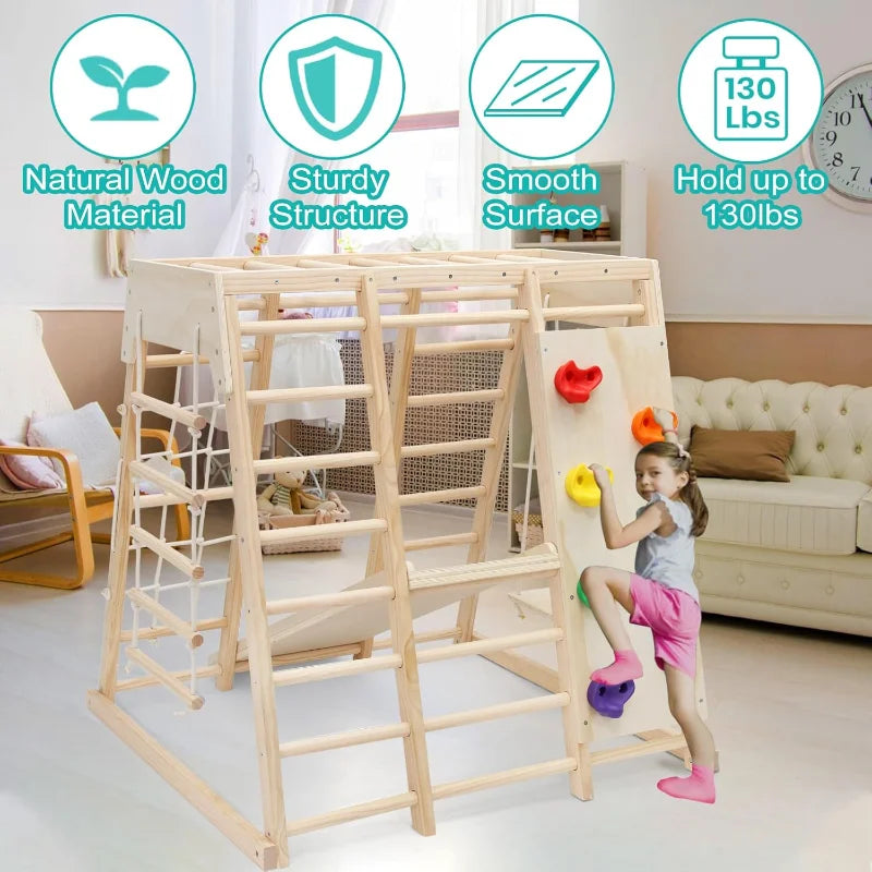 7 in 1 Pikler Indoor Playground Jungle Gym Playset, Wooden Montessori Climber with Slide, Rock Climb Wall, Monkey Bars,