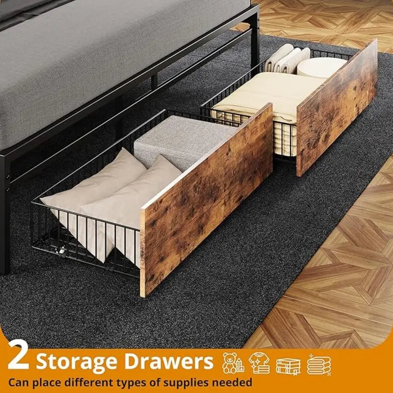 LIKIMIO King/CaliforniaKing Size Bed Frame with Headboard, Charging Station,  2 Storage Drawers,  No Box Spring Needed
