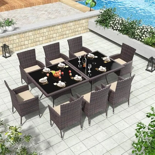 10 Piece Outdoor Dining Set,Rattan Patio Conversation Set of 8 Chairs,Patio Dining Table and Chairs w/Cushions,Sand