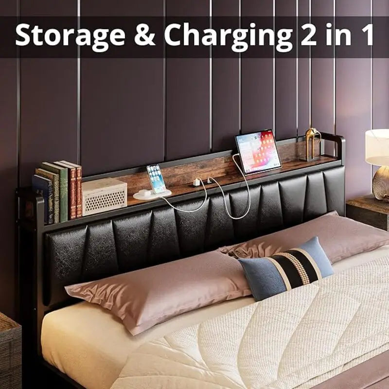 LIKIMIO King/CaliforniaKing Size Bed Frame with Headboard, Charging Station,  2 Storage Drawers,  No Box Spring Needed