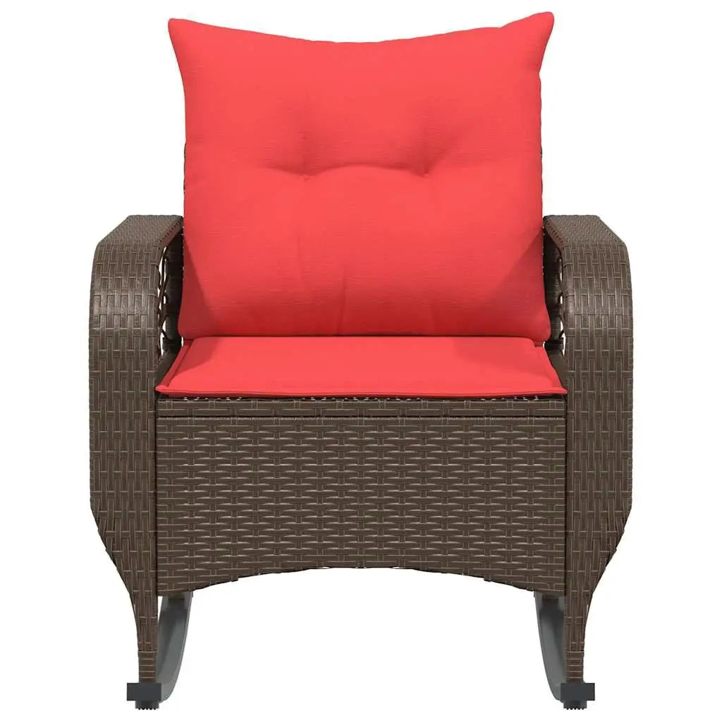 Brown PE Rattan Patio Rocking Chair with Powder Coated Steel Frame and Comfortable Polyester Cushion for Outdoor Relaxation
