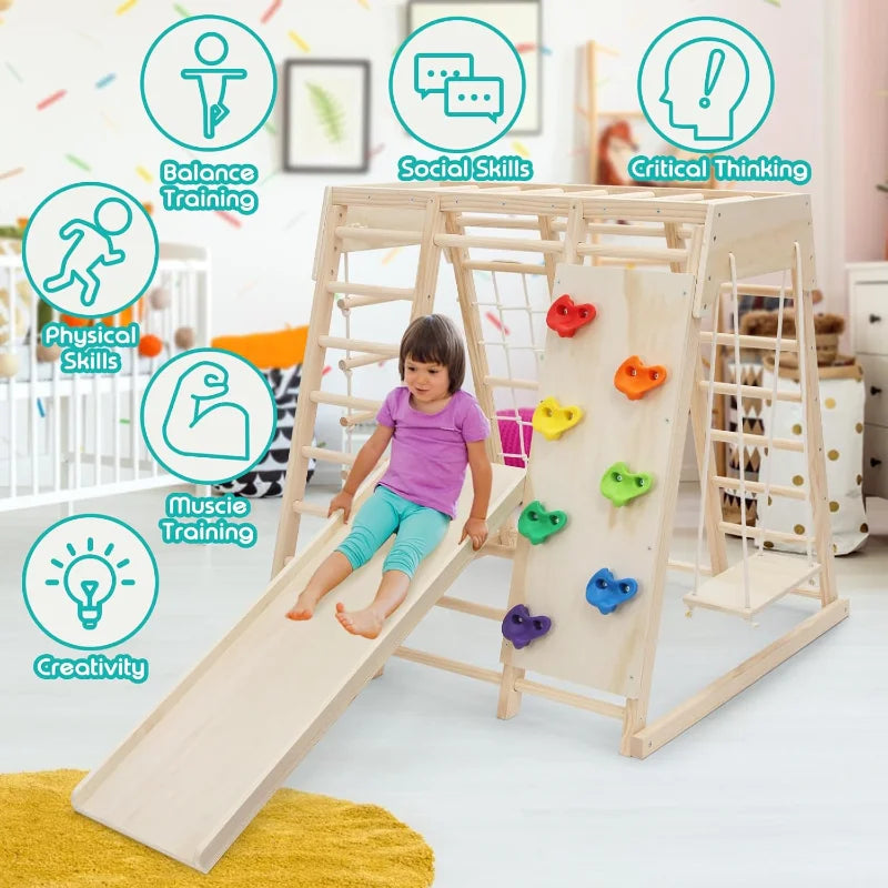 7 in 1 Pikler Indoor Playground Jungle Gym Playset, Wooden Montessori Climber with Slide, Rock Climb Wall, Monkey Bars,