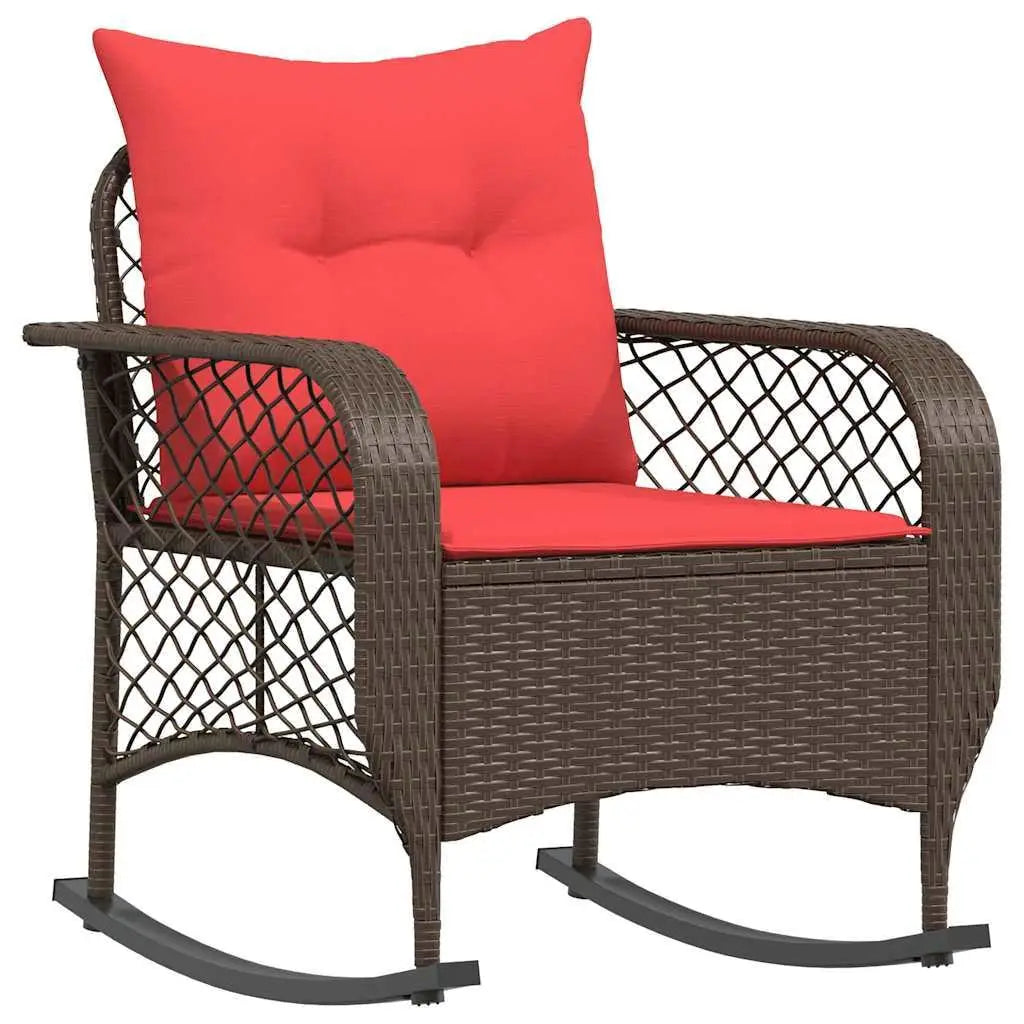 Brown PE Rattan Patio Rocking Chair with Powder Coated Steel Frame and Comfortable Polyester Cushion for Outdoor Relaxation