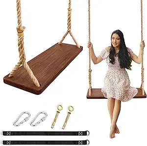 Wooden Swing,Seat 24"x 8"x 1.2,500lbs,Adjustable Hemp Rope & Extension Tree Straps 100 inch,Outdoor Wood Swing,Wood Swings for A