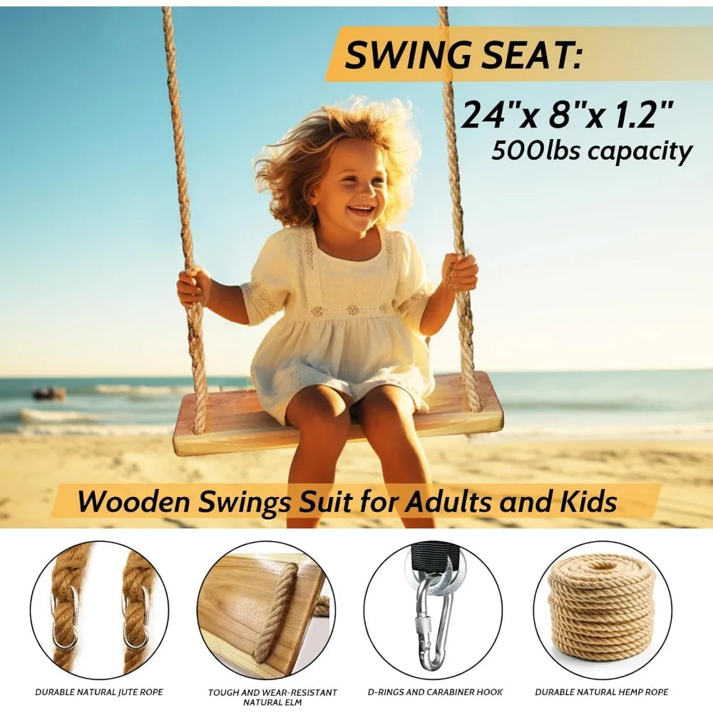 Wooden Swing,Seat 24"x 8"x 1.2,500lbs,Adjustable Hemp Rope & Extension Tree Straps 100 inch,Outdoor Wood Swing,Wood Swings for A