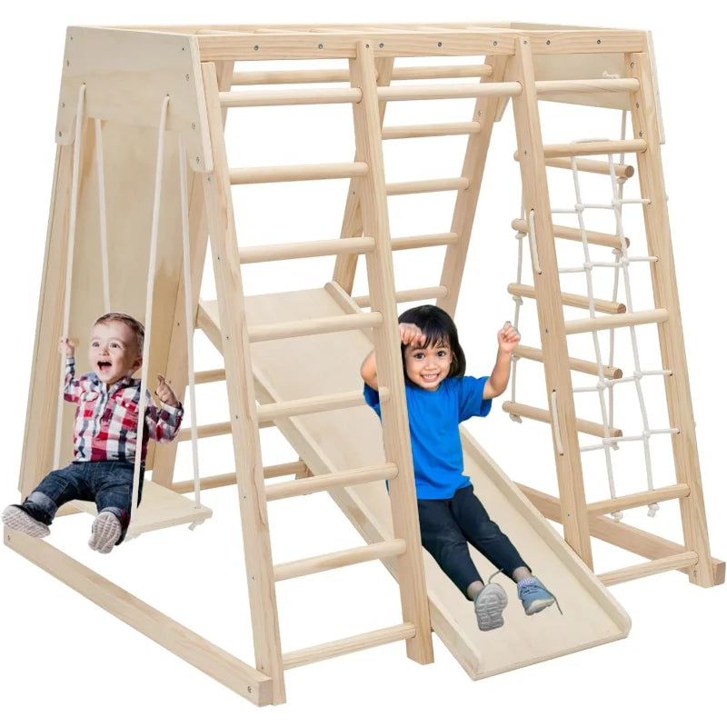 7 in 1 Pikler Indoor Playground Jungle Gym Playset, Wooden Montessori Climber with Slide, Rock Climb Wall, Monkey Bars,