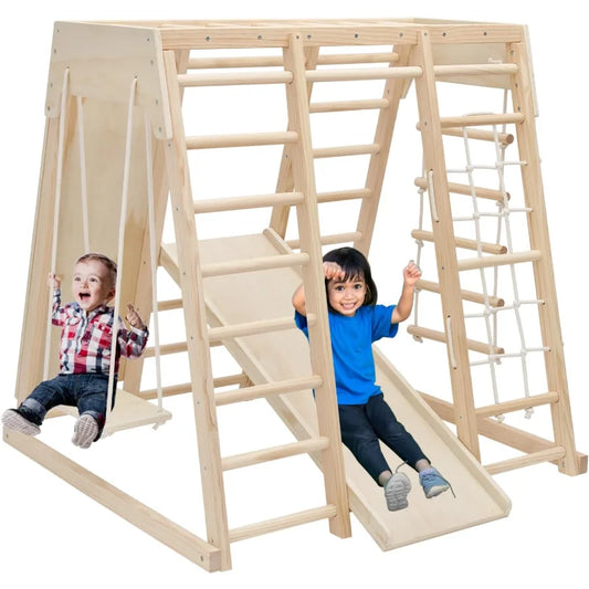 7 in 1 Pikler Indoor Playground Jungle Gym Playset, Wooden Montessori Climber with Slide, Rock Climb Wall, Monkey Bars,
