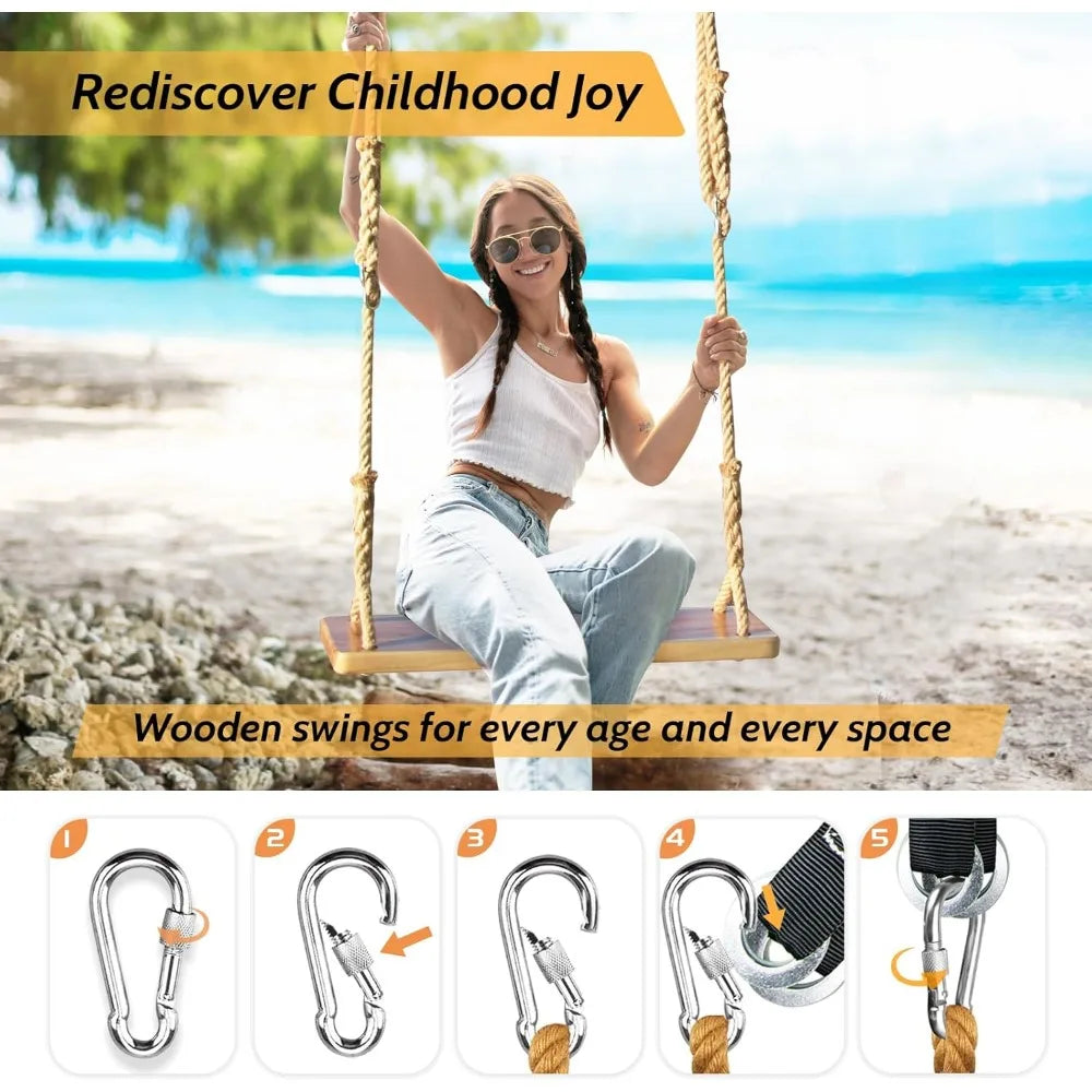 Wooden Swing,Seat 24"x 8"x 1.2,500lbs,Adjustable Hemp Rope & Extension Tree Straps 100 inch,Outdoor Wood Swing,Wood Swings for A