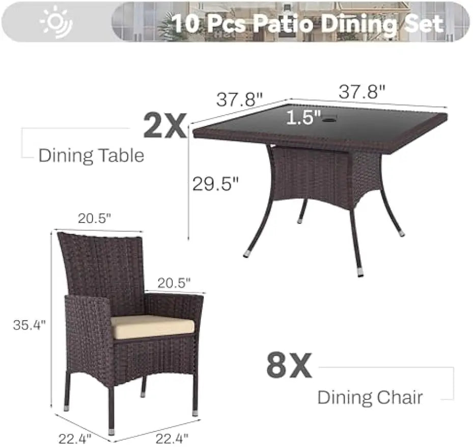 10 Piece Outdoor Dining Set,Rattan Patio Conversation Set of 8 Chairs,Patio Dining Table and Chairs w/Cushions,Sand