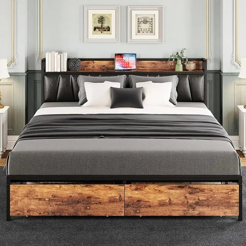 LIKIMIO King/CaliforniaKing Size Bed Frame with Headboard, Charging Station,  2 Storage Drawers,  No Box Spring Needed