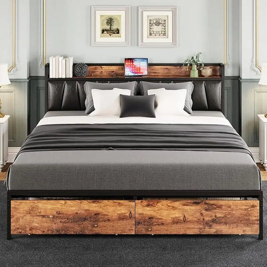LIKIMIO King/CaliforniaKing Size Bed Frame with Headboard, Charging Station,  2 Storage Drawers,  No Box Spring Needed