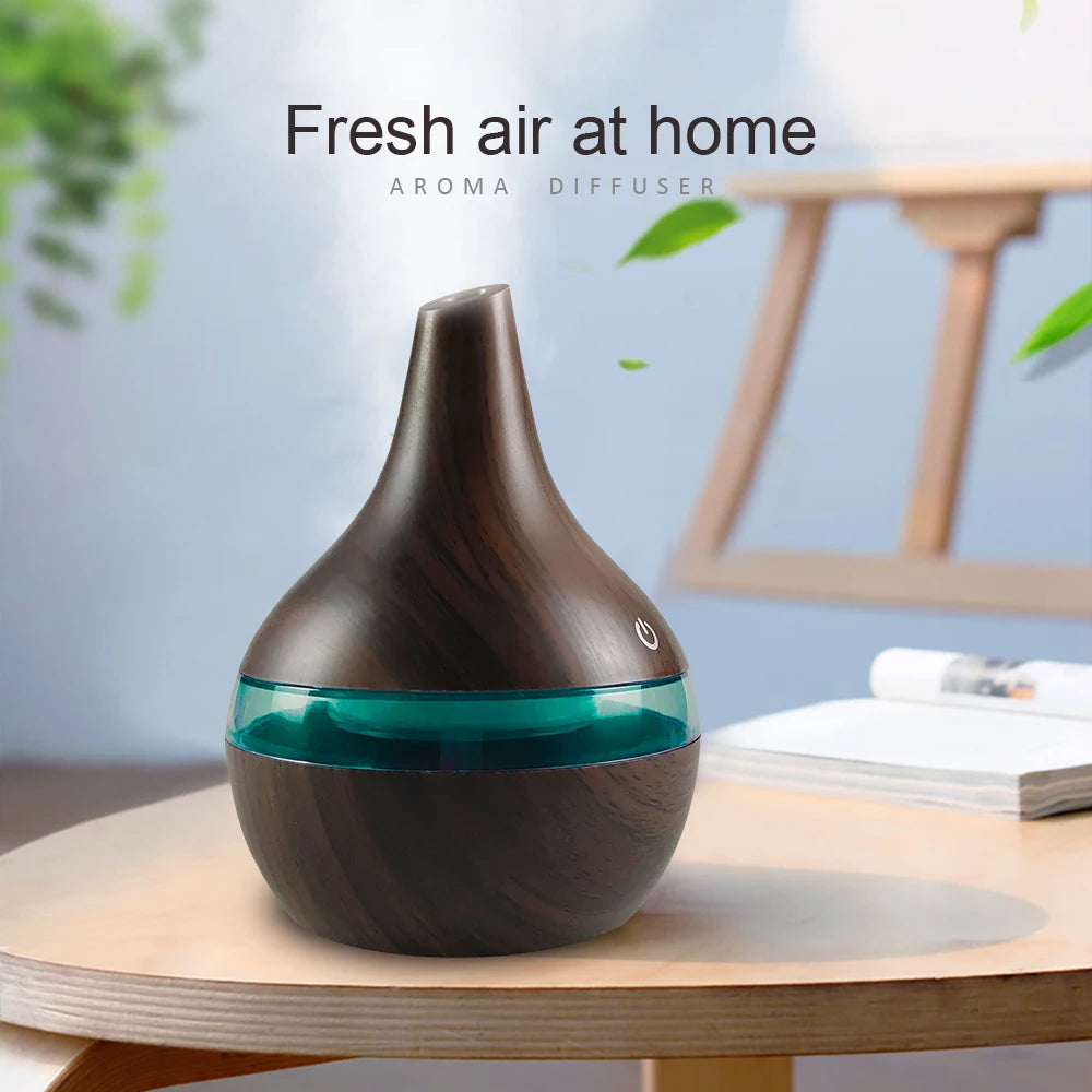 NEW 300ml Wood Grain Humidifier  USB Diffuser for Aromatherapy, Includes 2 Soothing Essential Oils