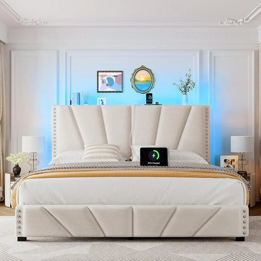 EnHomee King Size Bed Frame with Velvet Headboard and LED Lights， Storage Headboard Platform Bed with Charging Station, Sturdy W