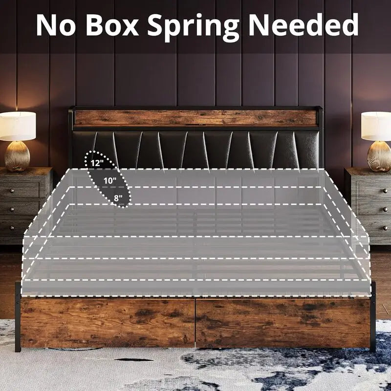 LIKIMIO King/CaliforniaKing Size Bed Frame with Headboard, Charging Station,  2 Storage Drawers,  No Box Spring Needed
