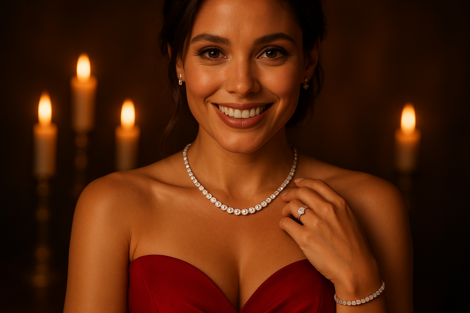 necklace is a tennis bracelete necklace, The ring shoould be a simple diamond. Have her smile